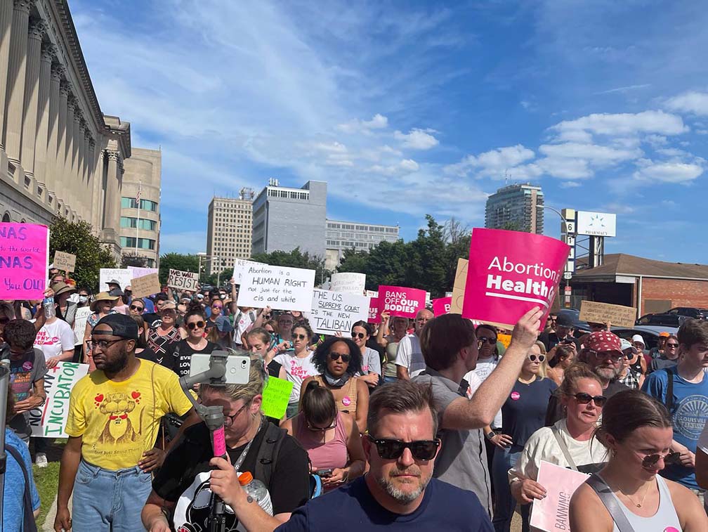 Abortion protestors marching in downtown Louisville.